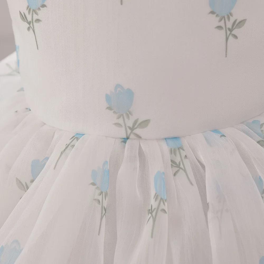 Flower Girl Princess Dress with Puff Sleeves and Floral Mesh Tulle Skirt for Weddings and Birthdays