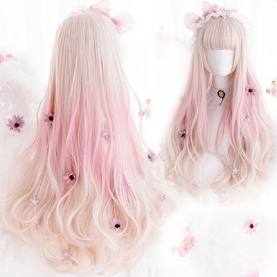 Wave Gradient Color Wig Pink Bangs Heat-resistant Synthetic Wave Hair Wig Cosplay