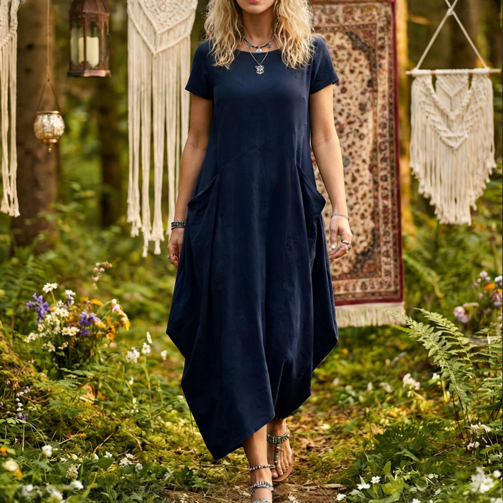 

Women s Fashion Color R-neck Short Sleeve Dress XL Темно-синій