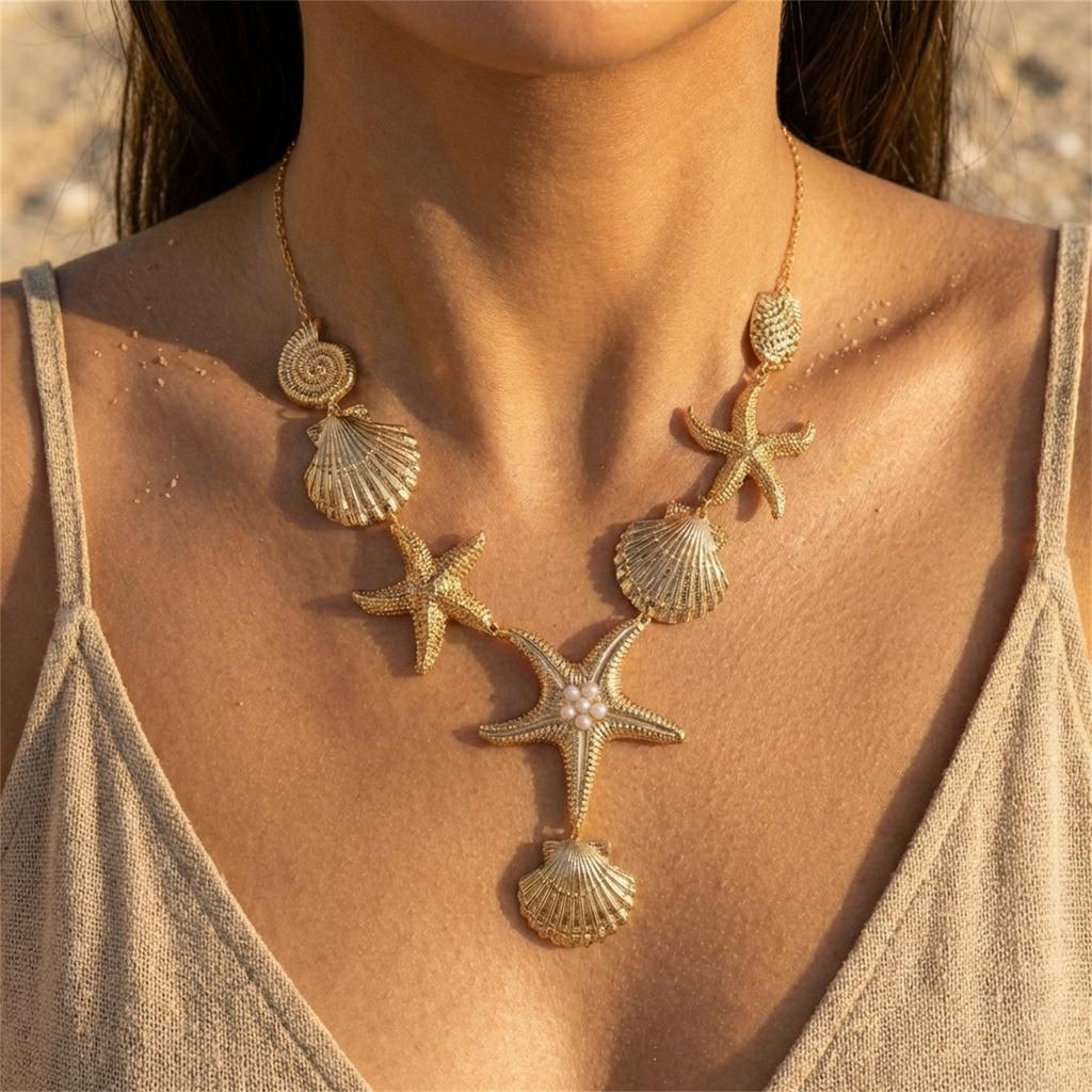 Boho Ocean Theme Gold Color Long Chain Drop Necklaces for Women Starfish Cowrie Shell Pendant Tassel Choker Beach Party Zircon
