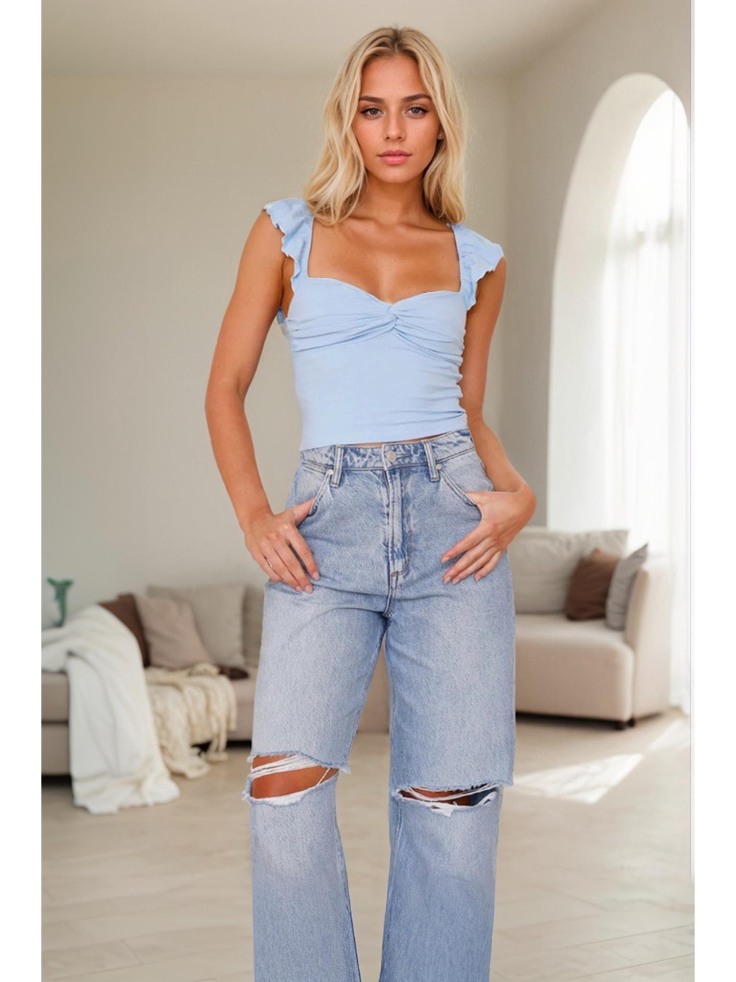 

Европейская и американская женская приталенная футболка с квадратным вырезом - Сексуальная коллекция весна/лето 2025 Medium светло-синий