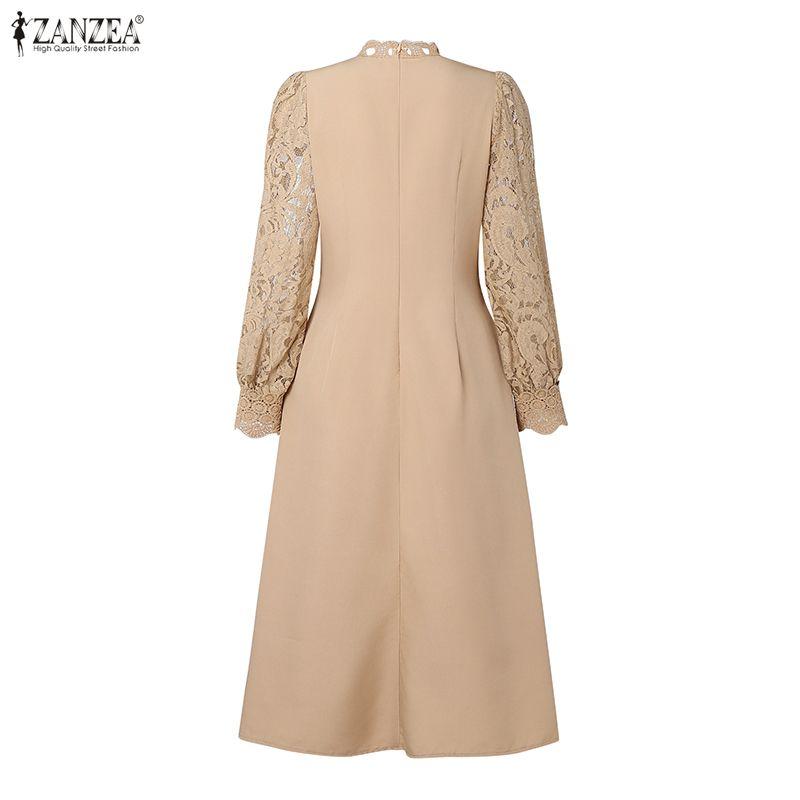 ZANZEA Women Casual Round Neck Long Sleeve Elegant Lace Crochet Patchwork Dress