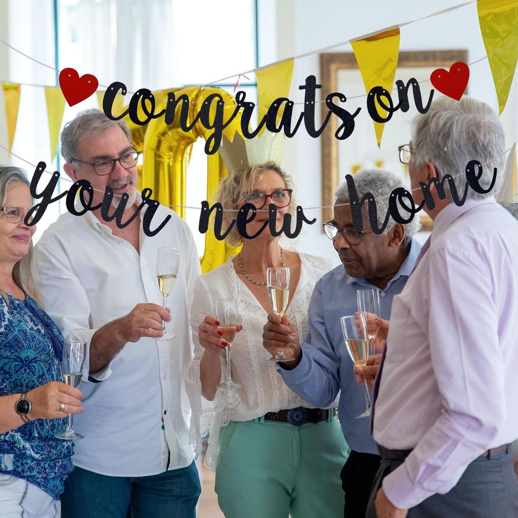 New Home New Chapter Banner, Pre-strung Congrats On Your New Home Banner, Black Glitter Housewarming Party Decorations, Home Decor