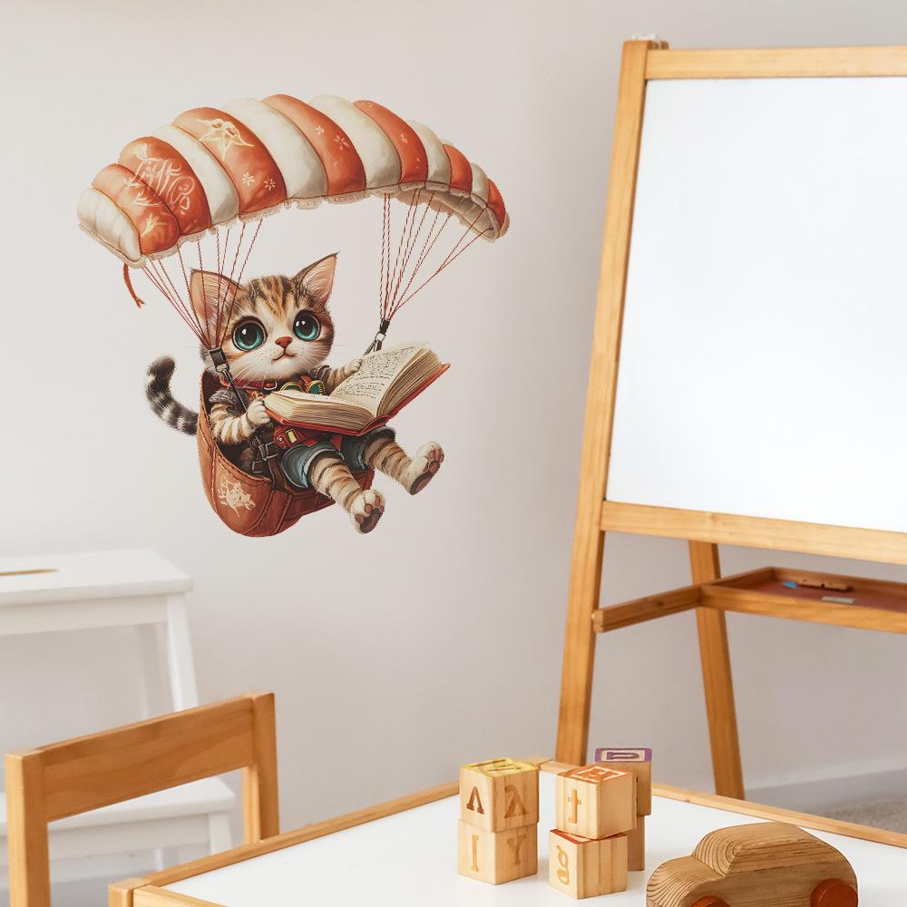 Cartoon Cute Cat Paragliding Wall Sticker Self-Adhesive Removable Bedroom Living Room Hallway Home Decor Art