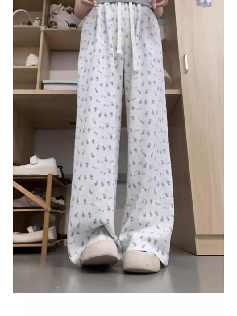 2025 Petite High-Waisted Floral Straight-Leg Summer Pants for Women - Floor-Length, Loose Slimming Fit