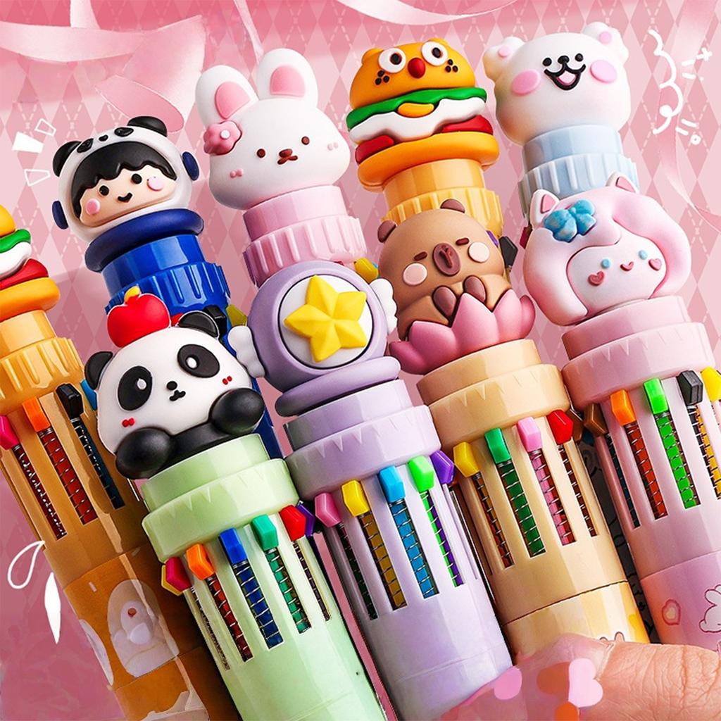 10/12 Colors Retractable Ballpoint Pen Cartoon Animal Ballpoint Pen Multicoloured Pen School Office Supplies for Student