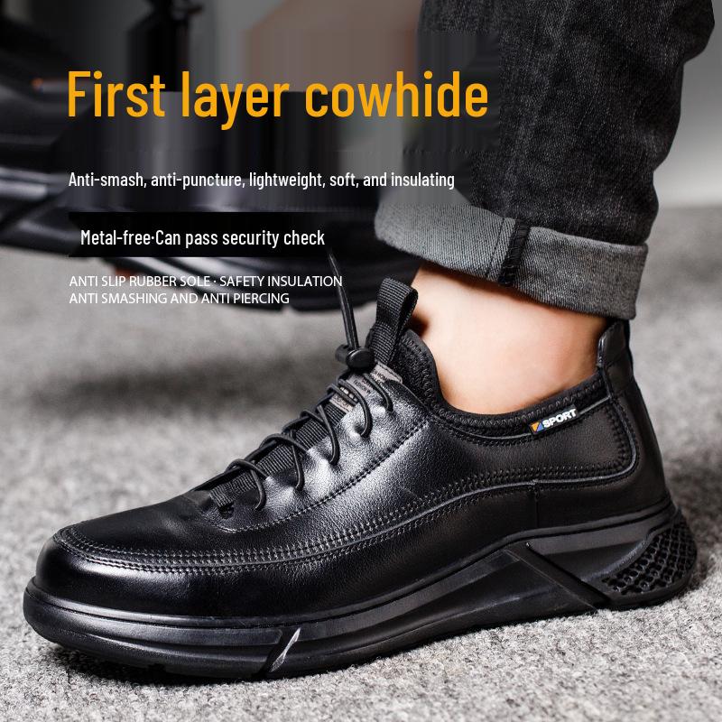 

Men s Lightweight Black Safety Shoes: Anti-Smash, Anti-Puncture, Wear-Resistant, Metal-Free Plastic Toe, Insulated Cowhide for Electricians