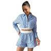 Cross-Border European and American Stripe Short Shirt Long Sleeve Women Two-piece Fashion Casual Elastic Waist Shorts Set Suit