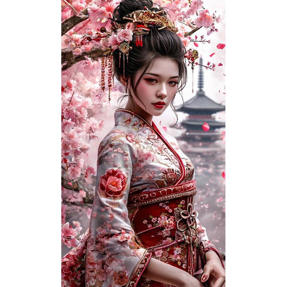 Sakura Pavilion Landscape and Japanese Women's DIY Full Diamond Decorative Painting Diamond Mosaic Cross Embroidery Set