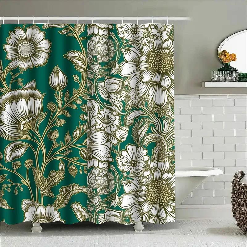 Green Gold Floral Shower Curtain White Flower Decorative Bath Rug Liner Soft Fabric Waterproof Home Bathroom Decoration Various