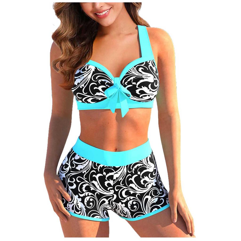 Women's Fashion Split High Waist Printed Bikini With Bra Pads And No Steel Bra Swimsuit