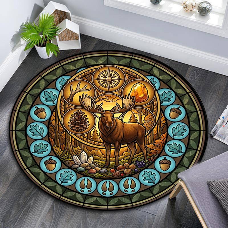 Forest Wildlife Glass Round Area Rug Under Office Chairs Bedroom Living Room Home Decor