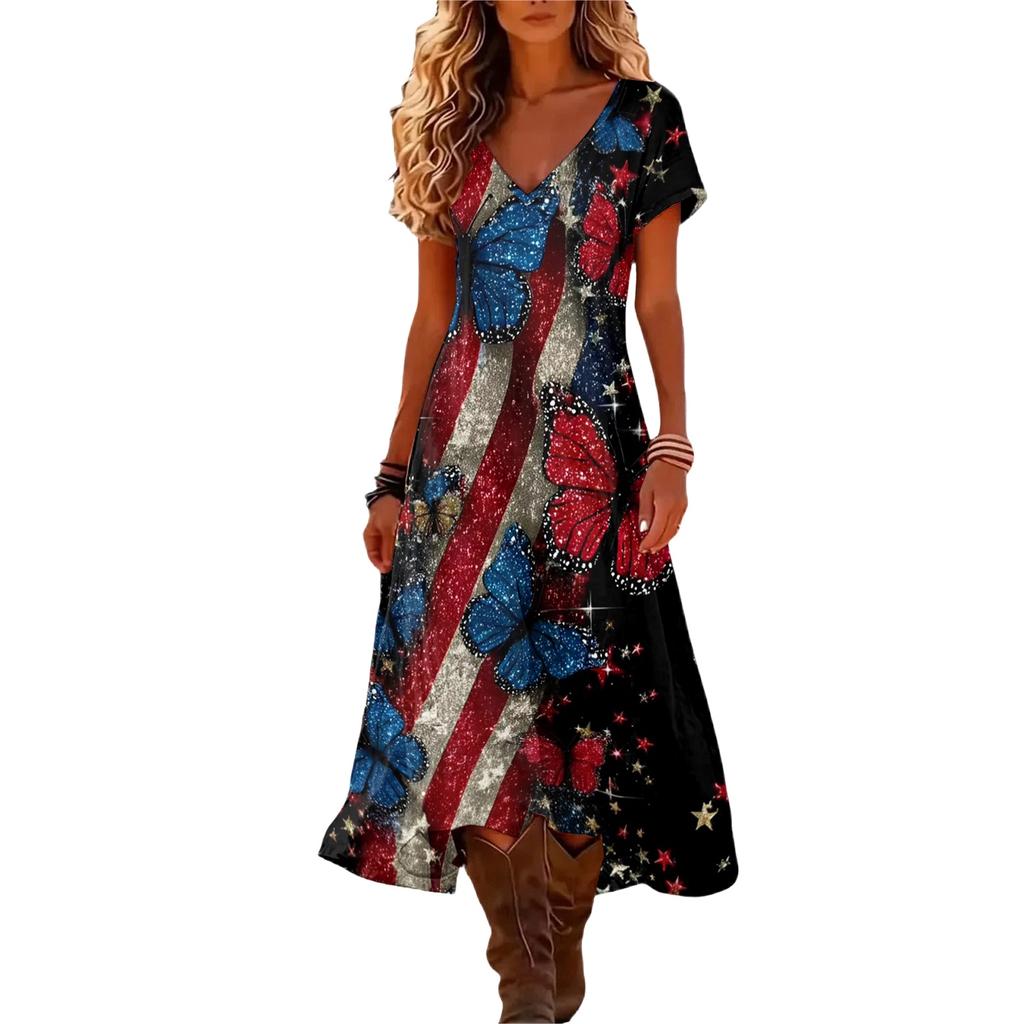 Women’s Short Sleeve V Neck Maxi Dress with Butterfly and Striped Print Loose Fit Casual Bohemian Style Summer Dress