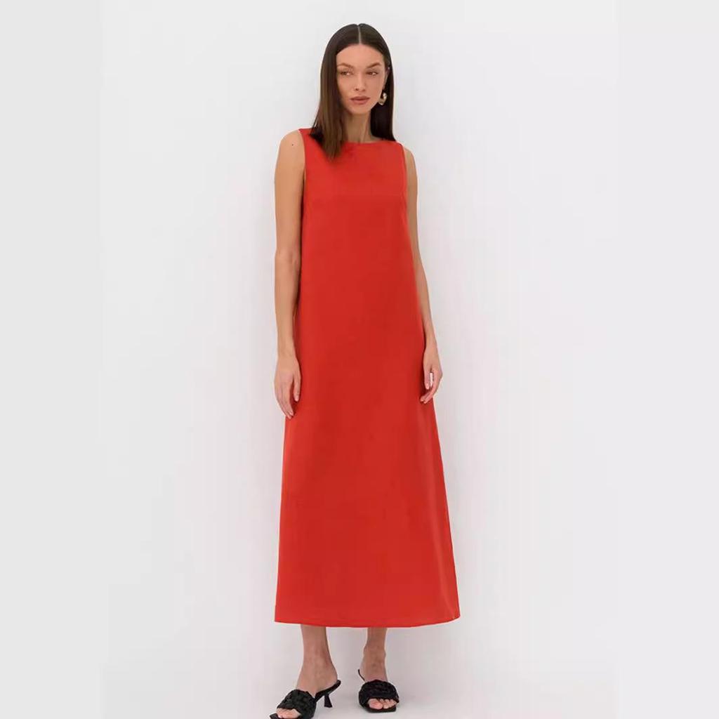 2024 Spring Women's Solid Color Cotton Linen A-line Tank Dress - French Loose Fit, Round Neck.