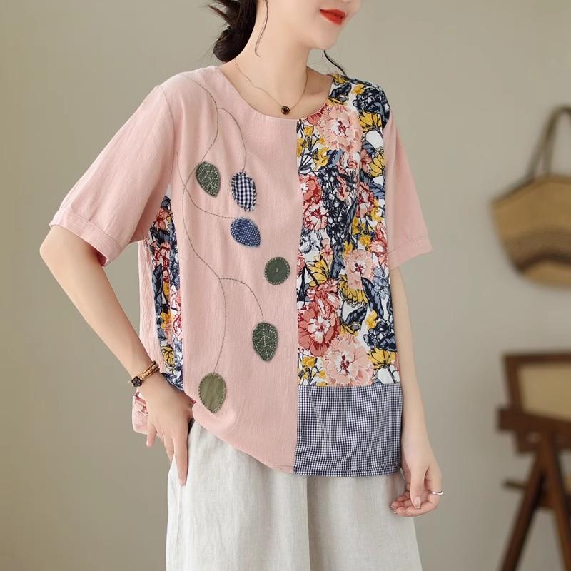 DIMANAF 2024 Verão Plus Size Mulheres Camisetas Estampa Floral Elegante Manga Patchwork Tops Tees Solto Casual Camisa de Linho 91688