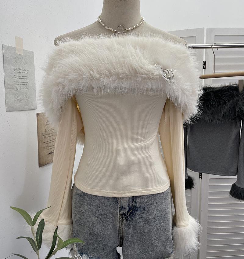 Chic One-Shoulder Fur Patchwork Long-Sleeve Top 1382
