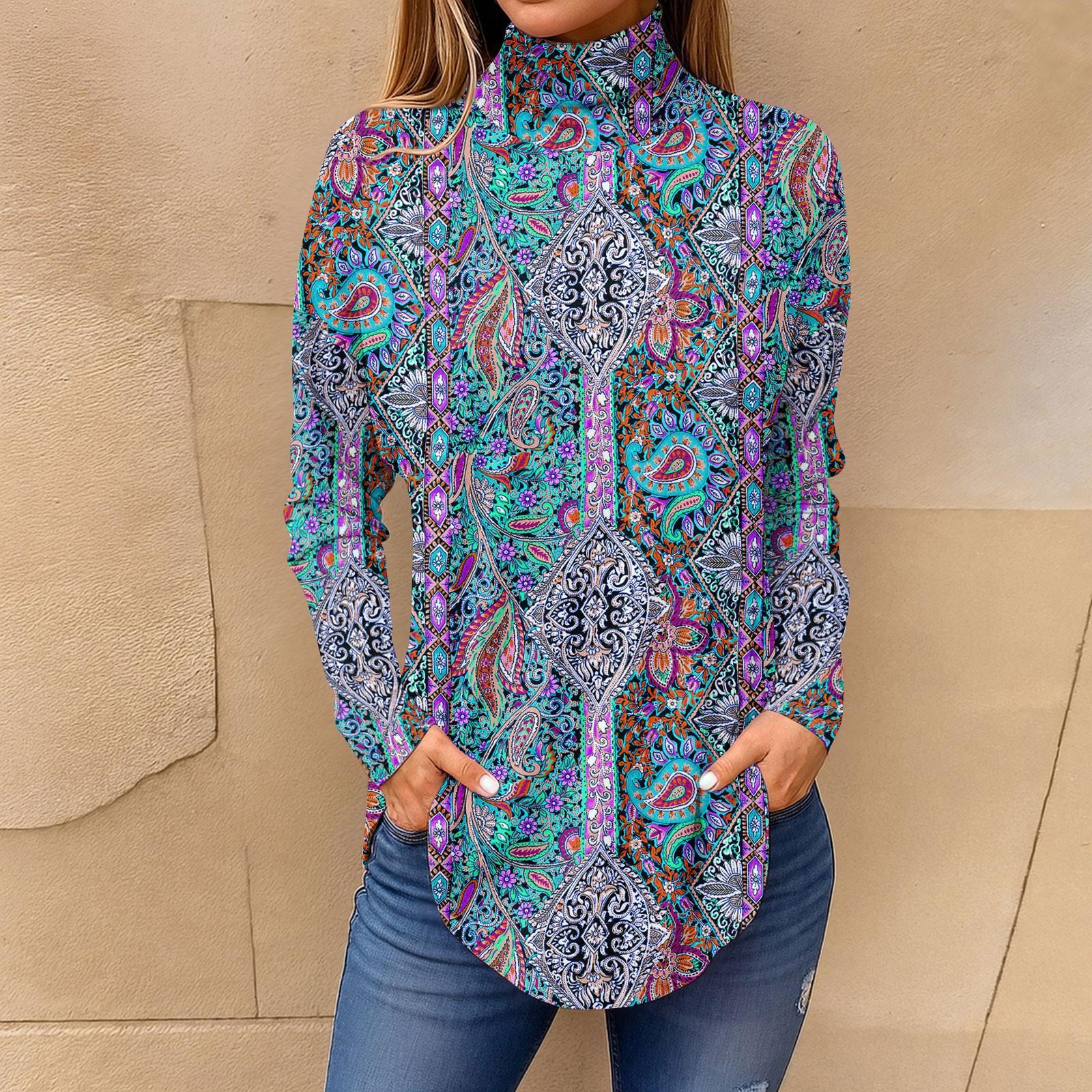 

Футболки для женщин, осенние повседневные рубашки с длинными рукавами, толстовка с винтажным принтом, топ с высоким воротом, пуловер M синий