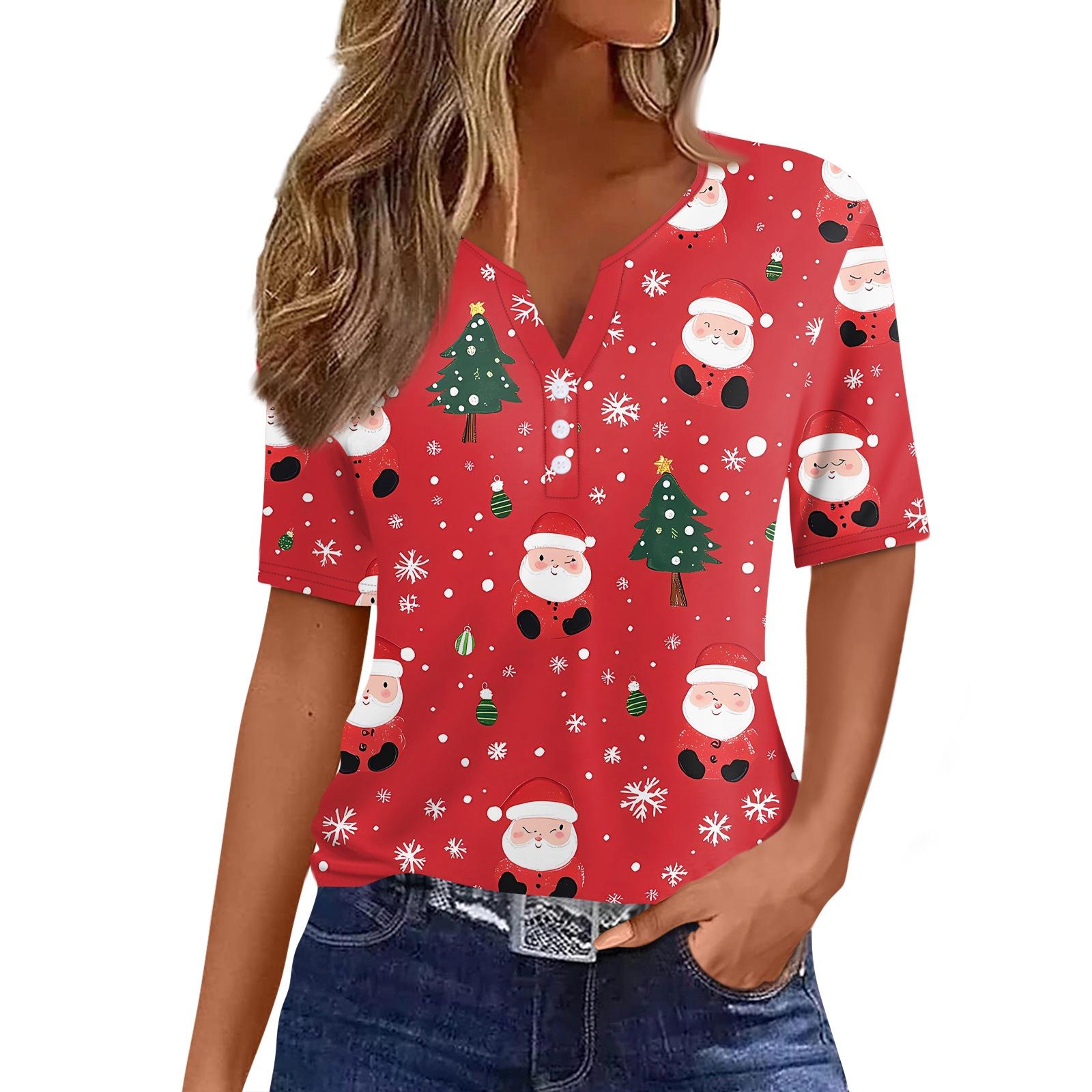 

Женская футболка с рождественским принтом, на пуговицах, с коротким рукавом, повседневная, для выходных, модная, базовая, с V-образным вырезом, обычная S красный