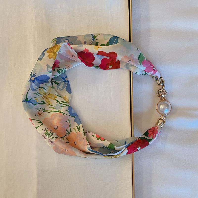 National Style Fragrant Cloud Yarn Magnetic Buckle Necklace Silk Scarf Women'S Summer Pearl Collarbone Chain Versatile High-End Scarf Neck Protection