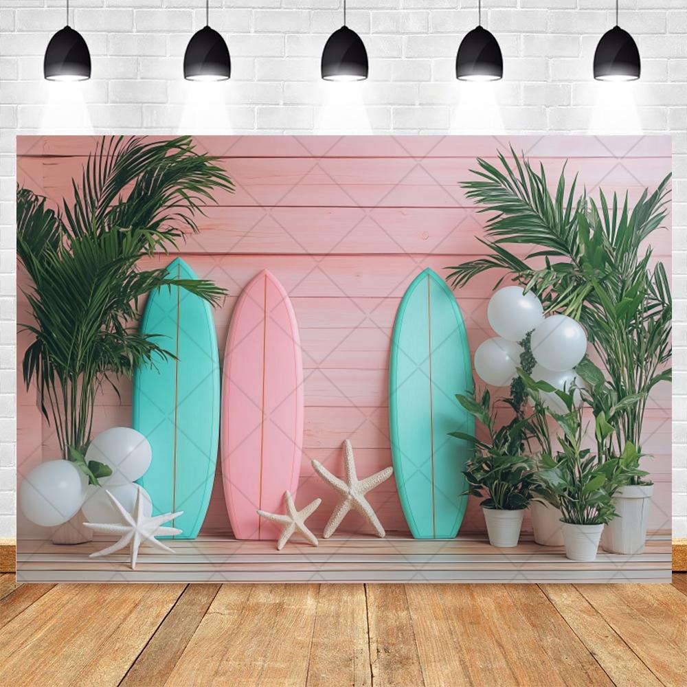 Summer Beach Photography Backdrop Hawaiian Pink Tropical Ocean Seaside Surfboard Kids Birthday Holiday Party Photo Background