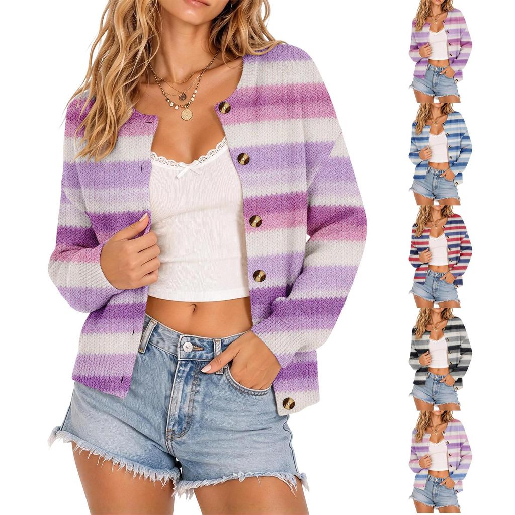 Women's Striped Button Front Knit Cardigan Cute Open Front Sweater for Casual Wear