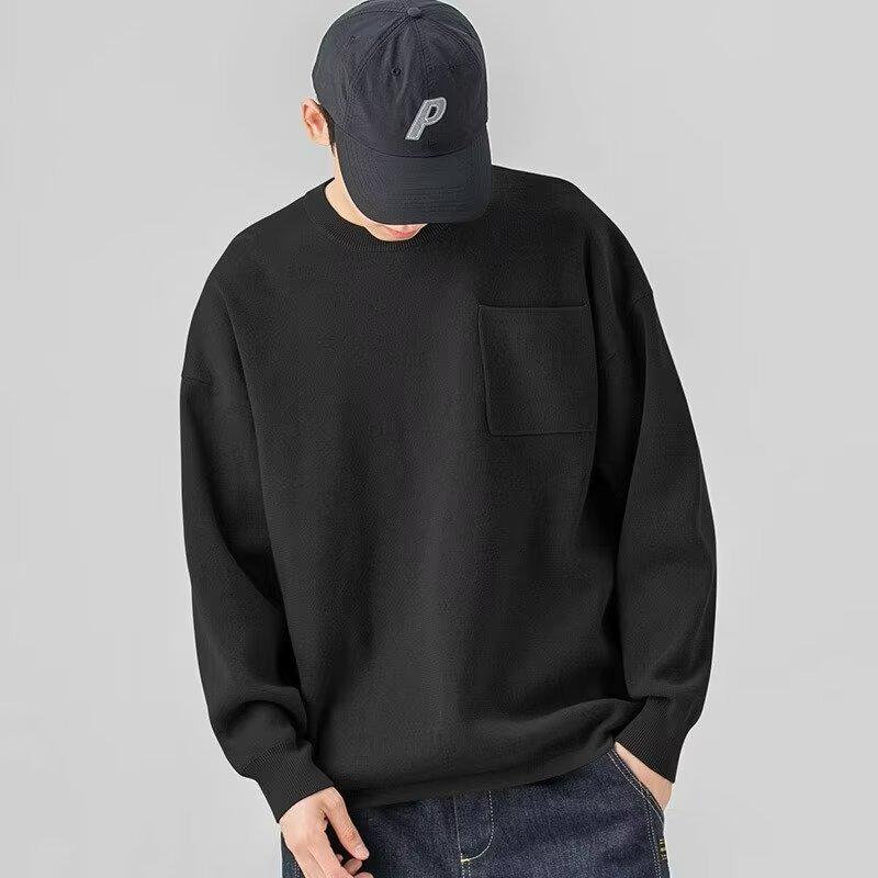 

Men s Japanese Retro Knit Sweater, Winter Loose Fit with Pockets, Round Neck, Drop Shoulder, Solid Color Pullover. 3XL чорний