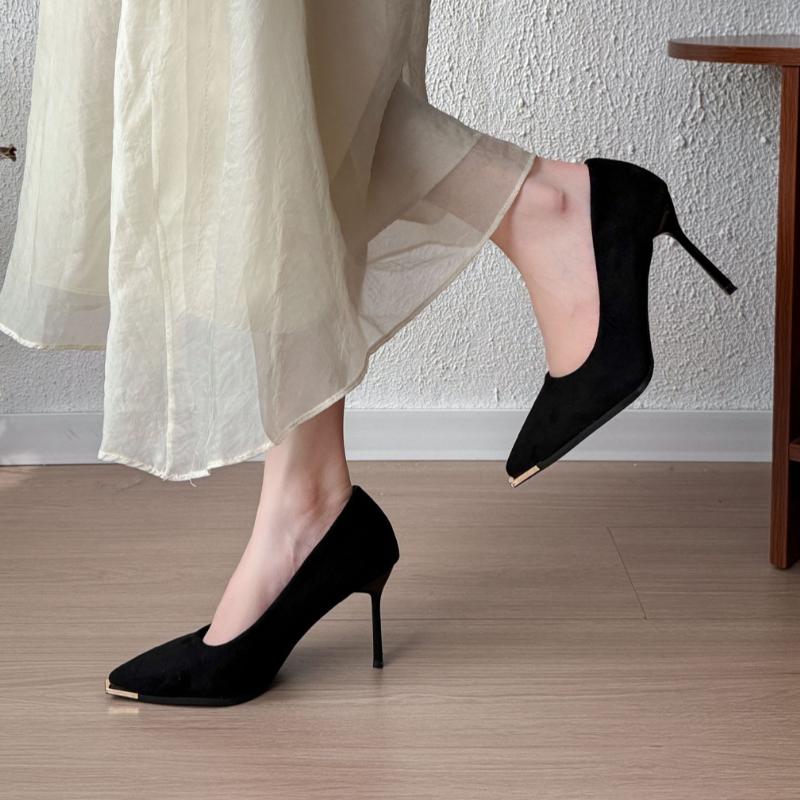 2026 Women's New High Heeled Shoes Pointed Toe Black Suede  Luxurious and Elegant Women's Shoes