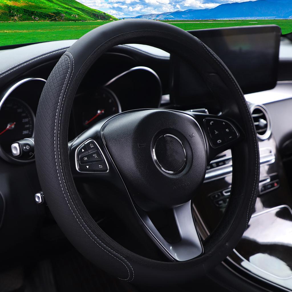 Leather Car Steering Wheel Cover, Elastic, Breathable Anti-Slip, Universal 14.5inch-15 inch, Steering Wheel Cover for Men Women
