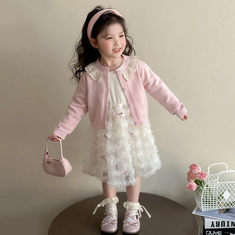 Girls' Spring & Autumn Cardigan Princess Dress Set 2025 - Sweet Two-Piece Outfit for Kids