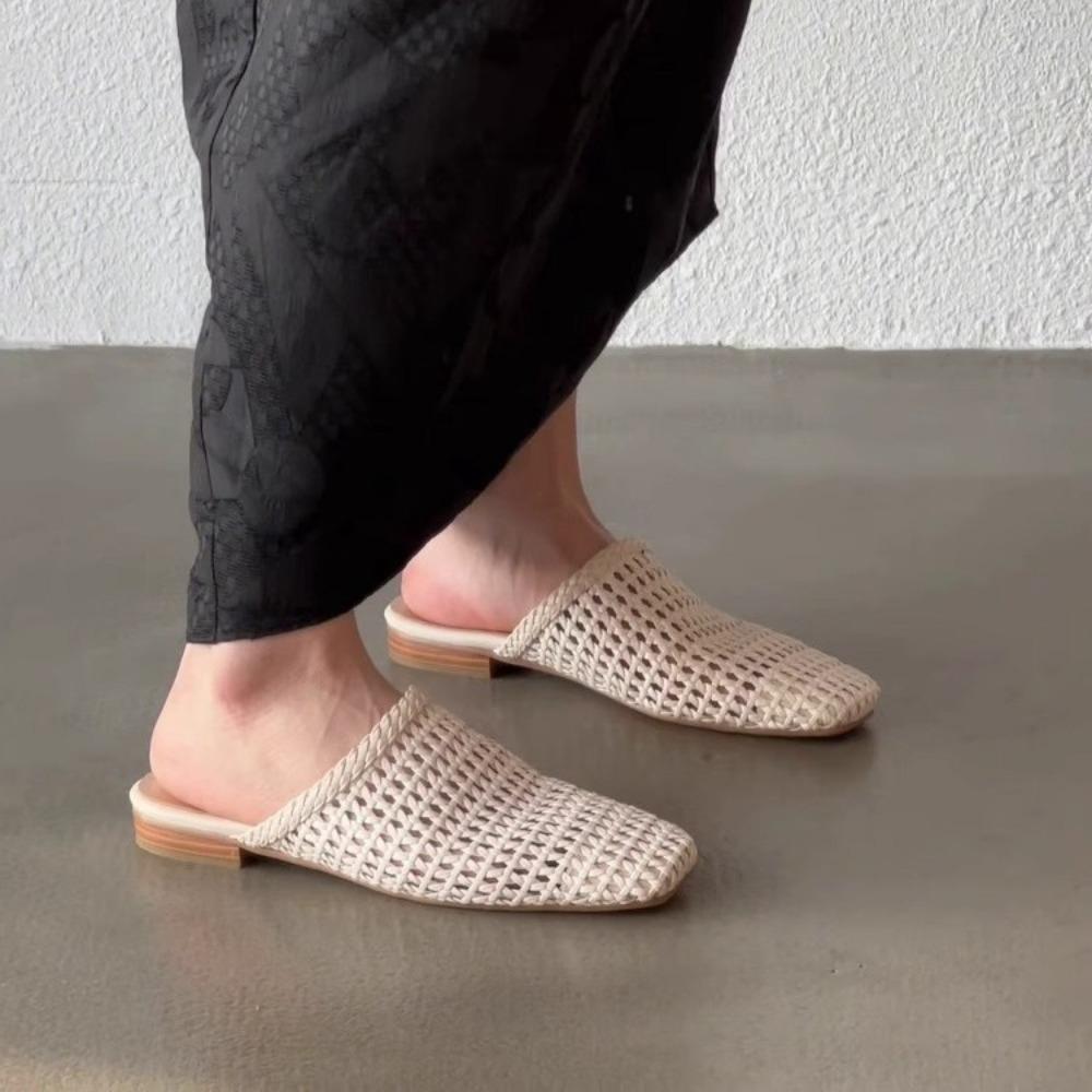 Ladies Slippers Flat Bottom Outside Woven Hollow Bag Head Half Slippers Women's Summer Flat Bottom Square Head Fashion Sandals