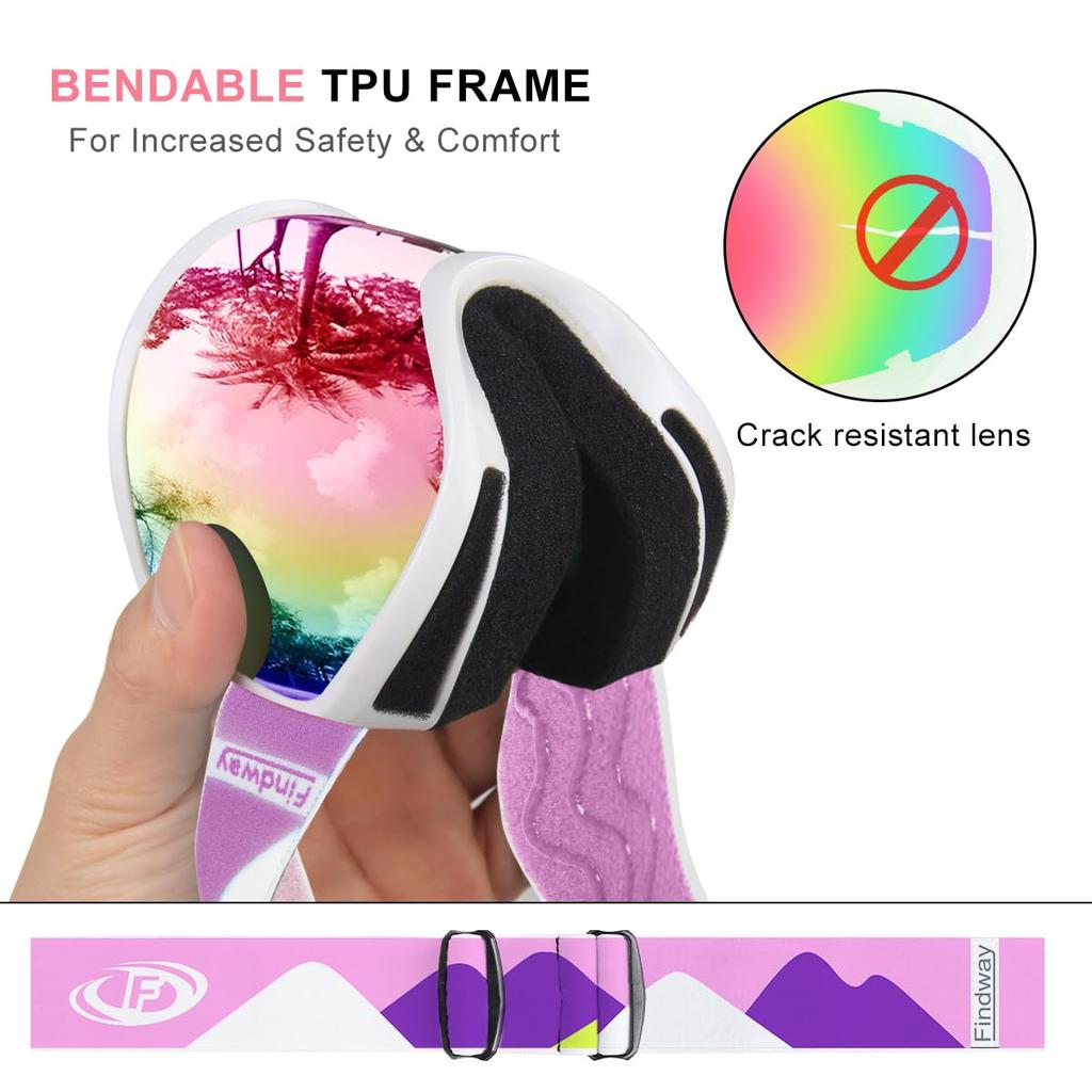 Findway Kids Ski Goggles, OTG Over-Glasses, Anti-Fog Dual Lens, Wide View (White Frame / Full Revo Pink, VLT 46%) for Snow Sports
