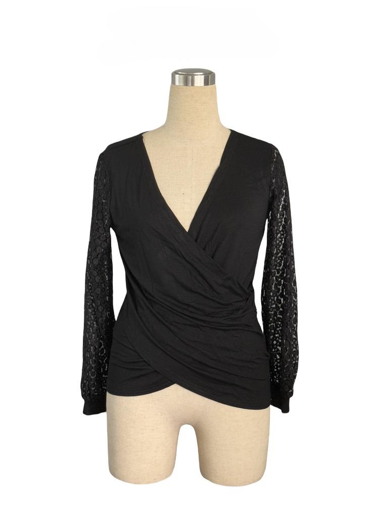 Tricou de primăvară uni, cu dantelă franțuzească împletită, mâneci felinar largi, încrucișat, topuri de damă versatile, esențiale în garderobă, articole de modă, cămașă