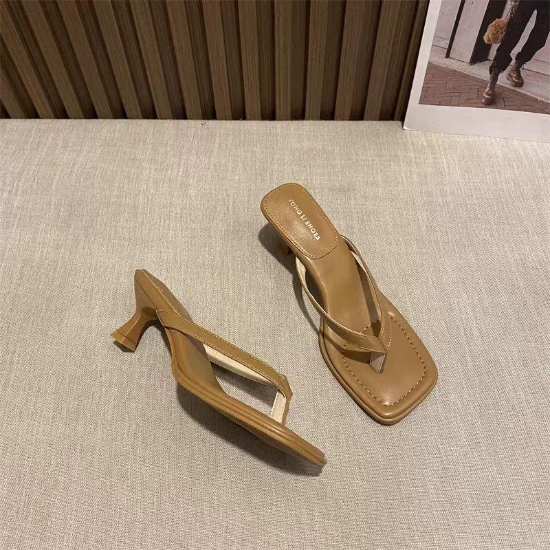 Women's Medium High Heel Slippers Summer People Slippers High Heels Fine Heel Clip Toe Shoes