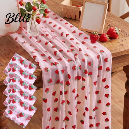 Anniversary Table Runner Soft Polyester Cherry Lemon Runner Strawberry Sheer Tulle Pattern Summer Overlay Seasonal