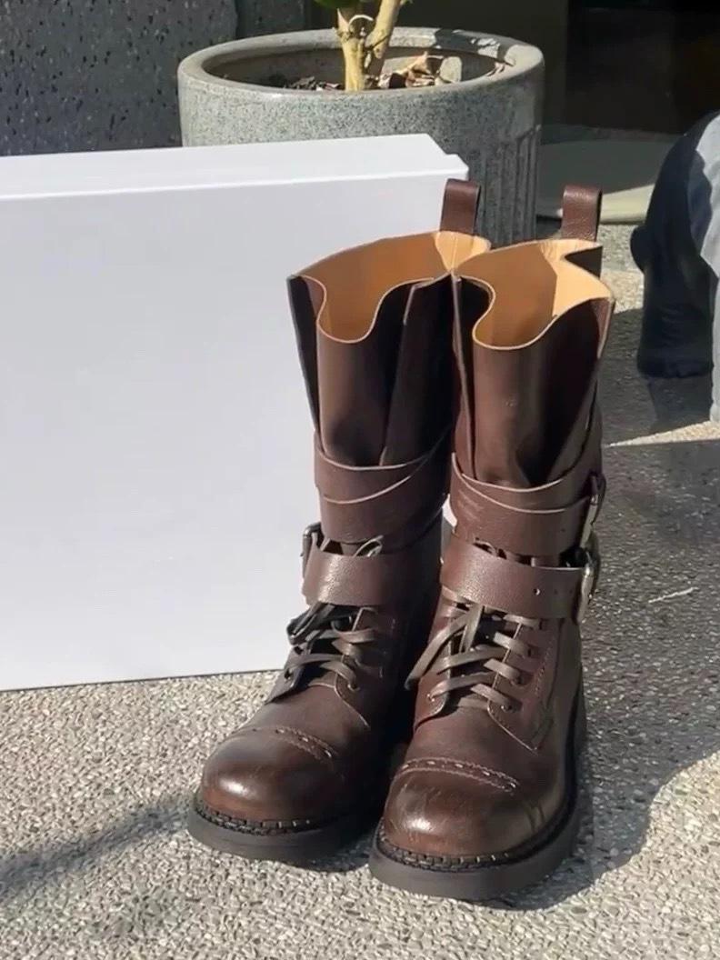 

Leather thick-soled thick-heeled polished Martin boots women s 2025 new medium tube belt buckle locomotive boots single boots 40 коричневый