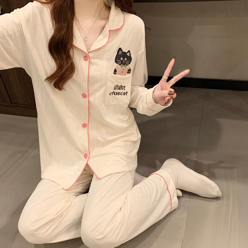 Black kitten imitation cotton pajamas women's spring new cardigan long-sleeved cartoon cute dormitory style loungewear