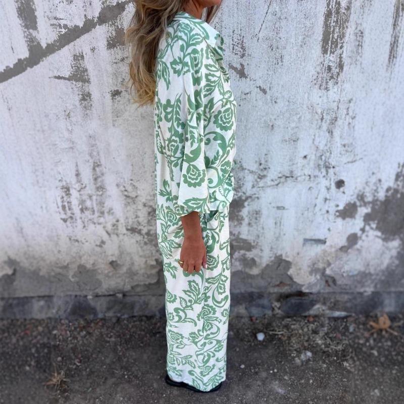 New Arrival Women's Casual Printed Three-Quarter Sleeve Two-Piece Set (Shirt and Pants)