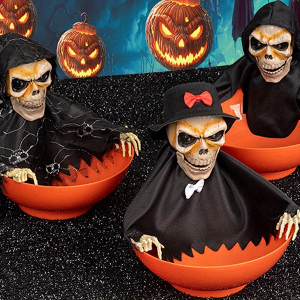 Scary Skeleton Candy Holder with Screaming Skull and Light Up Red Eyes Creepy Motion for Halloween Decoration Moving Skeleton