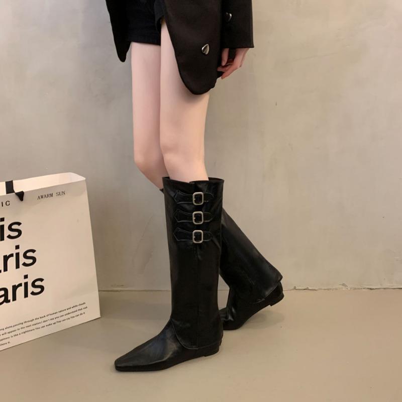 Autumn boots women's summer new pointed thick heel stack boots retro knight boots fashion belt buckle mid boots