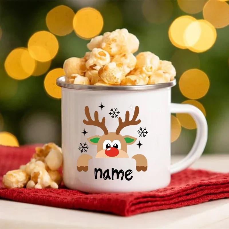 Personalisierte Hirsch-Weihnachts-Emaille-Tassen Benutzerdefinierter Name Heißer Kakao Schokolade Geschwister-Tasse Getränke Saft Tassen mit Griff Weihnachten Geschenke für Kind