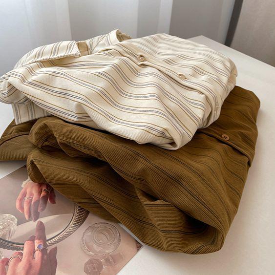 Damen Herbst Retro Kaffee Cord Pinstripe Kragen Langarm Lagenhemd