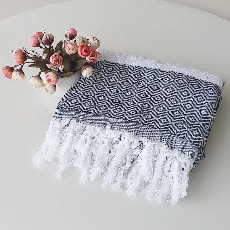 Turkey Beach Towel Wrap Scarf With Tassel Cotton Linen Striped Quick-Drying Shawl Outdoor Sunscreen Scarf Picnic Mat 180*100Cm