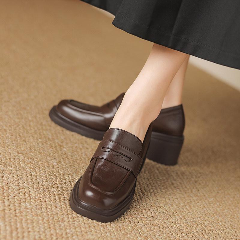Retro British style square head thick heel platform loafers versatile commuter small leather shoes one pedal high heel single shoes
