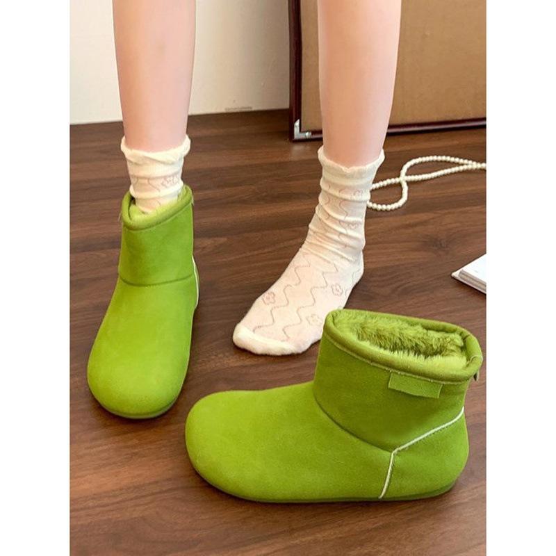 2025 autumn and winter new fashion snow boots thickened warm cotton shoes mustard green cute bread shoes flat short boots