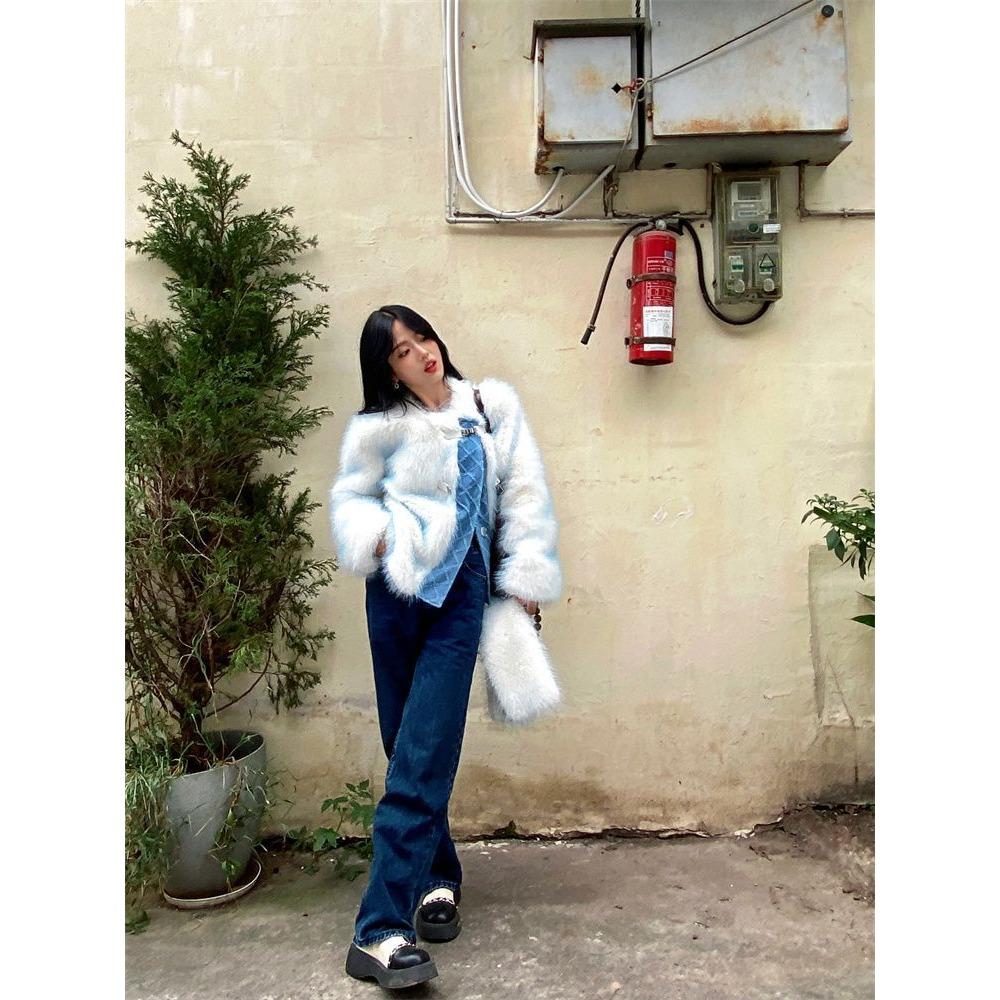 Fashion Coats Fur Jacket for Women Winter Denim Stitching New Environmentally Friendly Fur Warm Senior Jacket Top