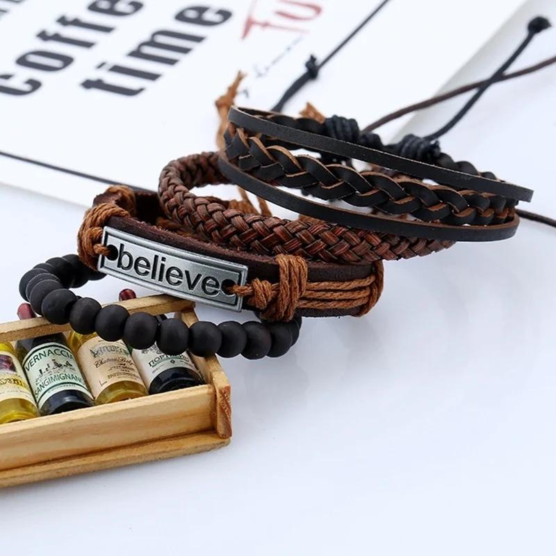4 PCS/Set Hand Woven Leather Bracelet Wooden Bead Set Bracelet Letter Believe Vintage Accessories Gift
