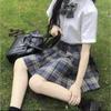 Lemon Sea Salt Plaid School Uniform: Short Sleeve Top & Midi Skirt Set
