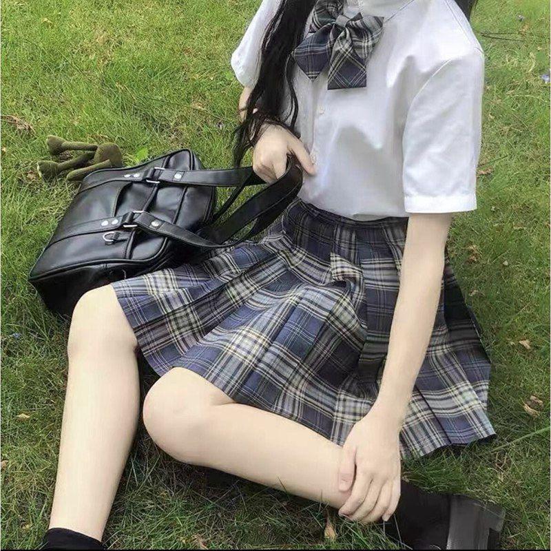 Lemon Sea Salt Plaid School Uniform: Short Sleeve Top & Midi Skirt Set