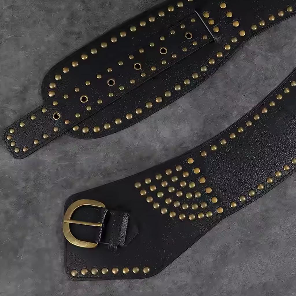 Szeroki Pas z Vintage Klamrą dla Kobiet FakeFace, Nity ze Skóry PU, Idealny do Kostiumów Przebraniowych, Cosplay, Punk, Gal, Gorsetu, Szeroki B