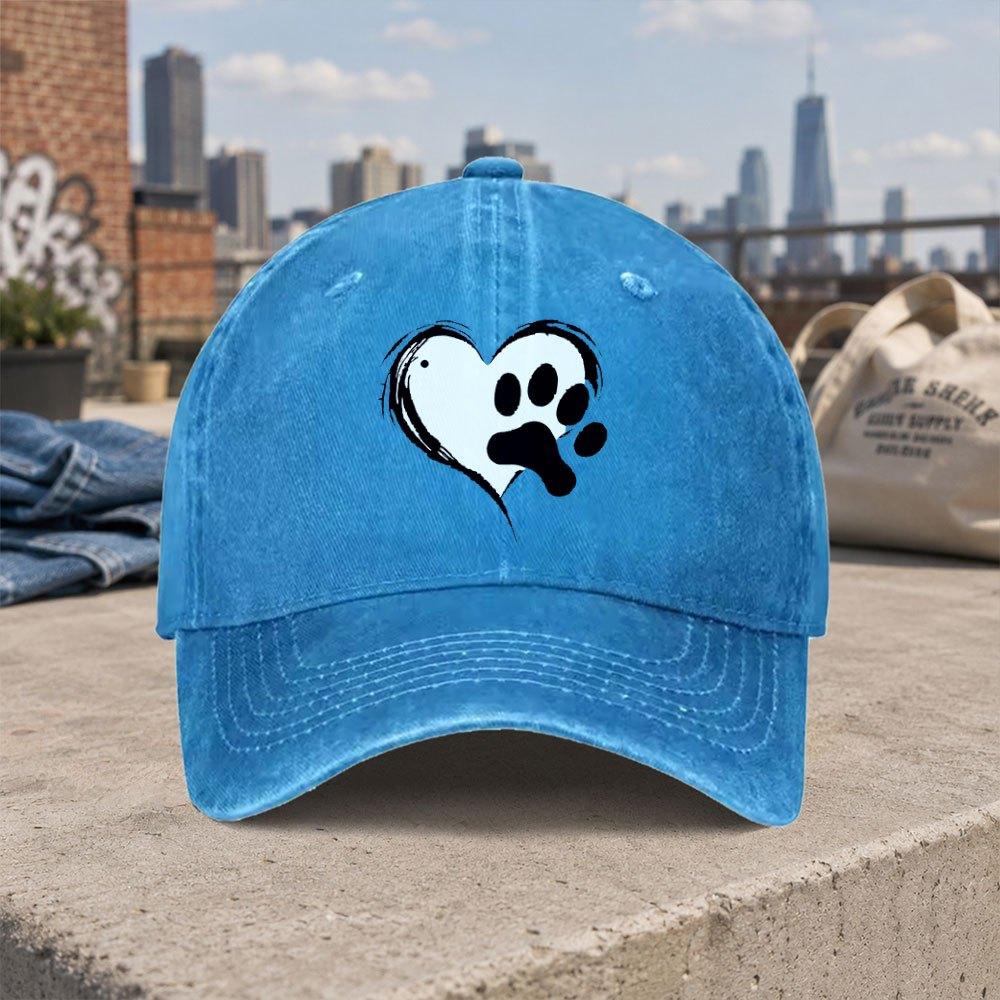 Heart Cat Paw Print Retro Washed Baseball Cap Unisex Casual Street Style Duckbill Hat Fashion Accessory